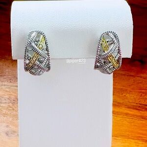 Judith Ripka JR TWO Diamond Estate Basketweave J Hoop Earrings